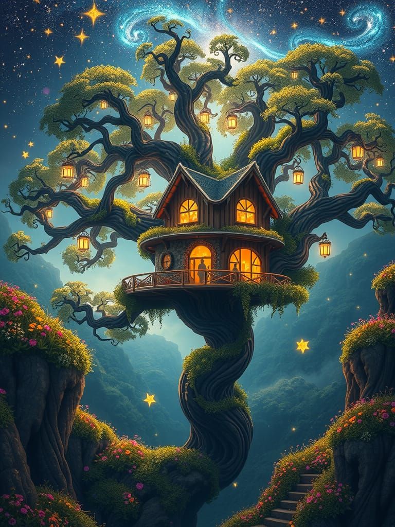 Whimsical Starlit Treehouse Amidst Enchanted Nocturnal Fores...