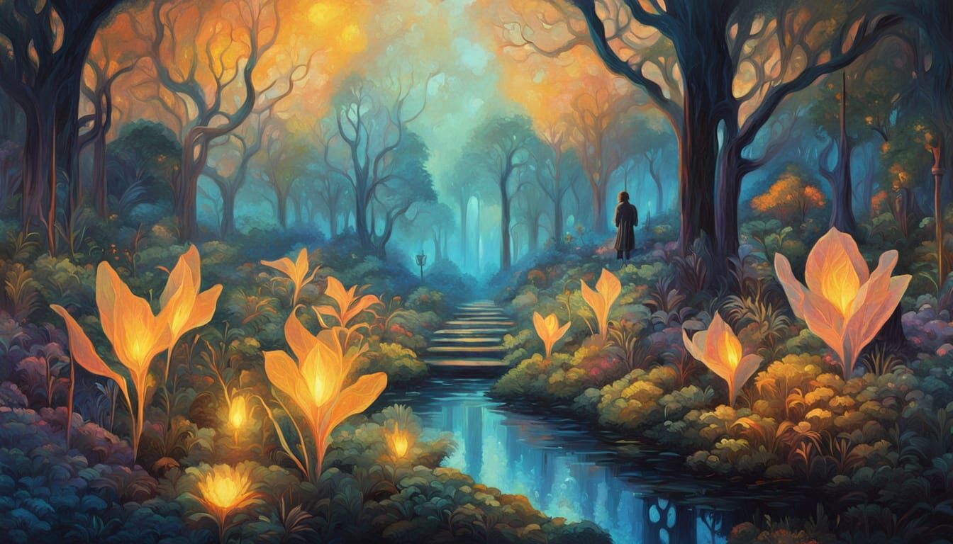 Futuristic Eden Garden: Impasto Oil Painting