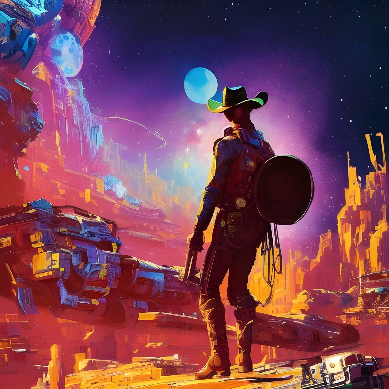 Futuristic Texan Space Cowboy in Galaxy, Digital Art