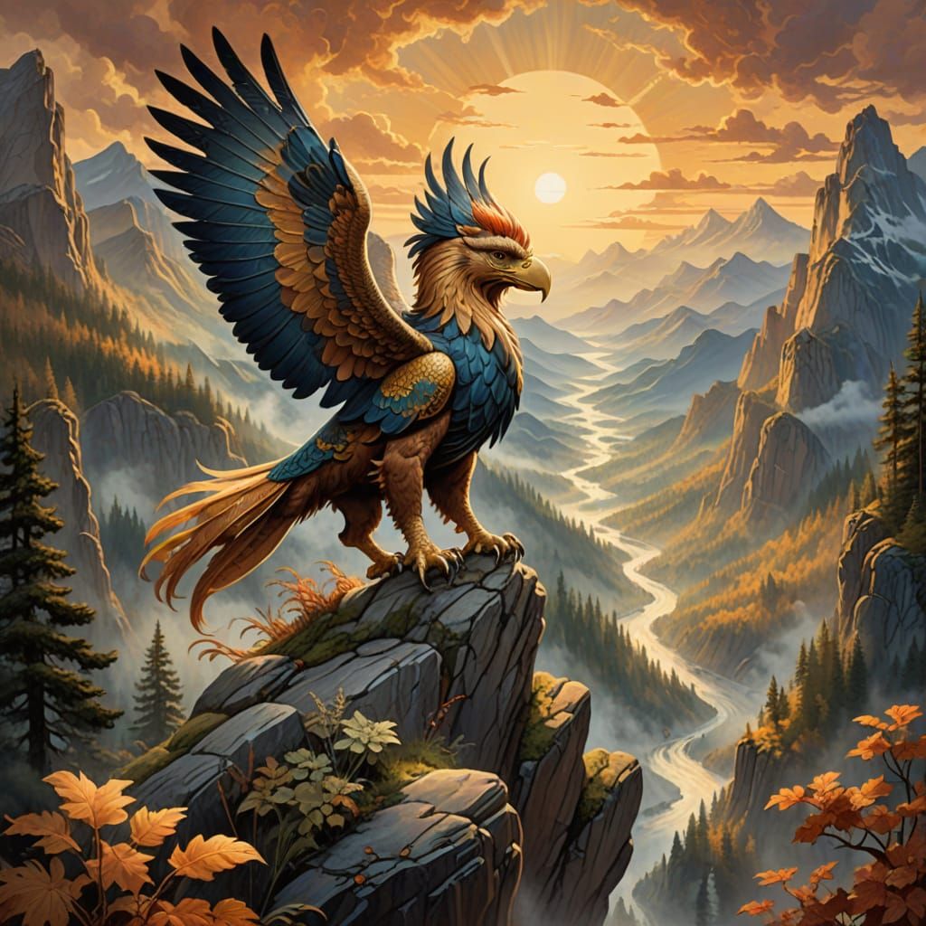 Majestic Griffin Soaring at Dawn, in Fantasy Art Style