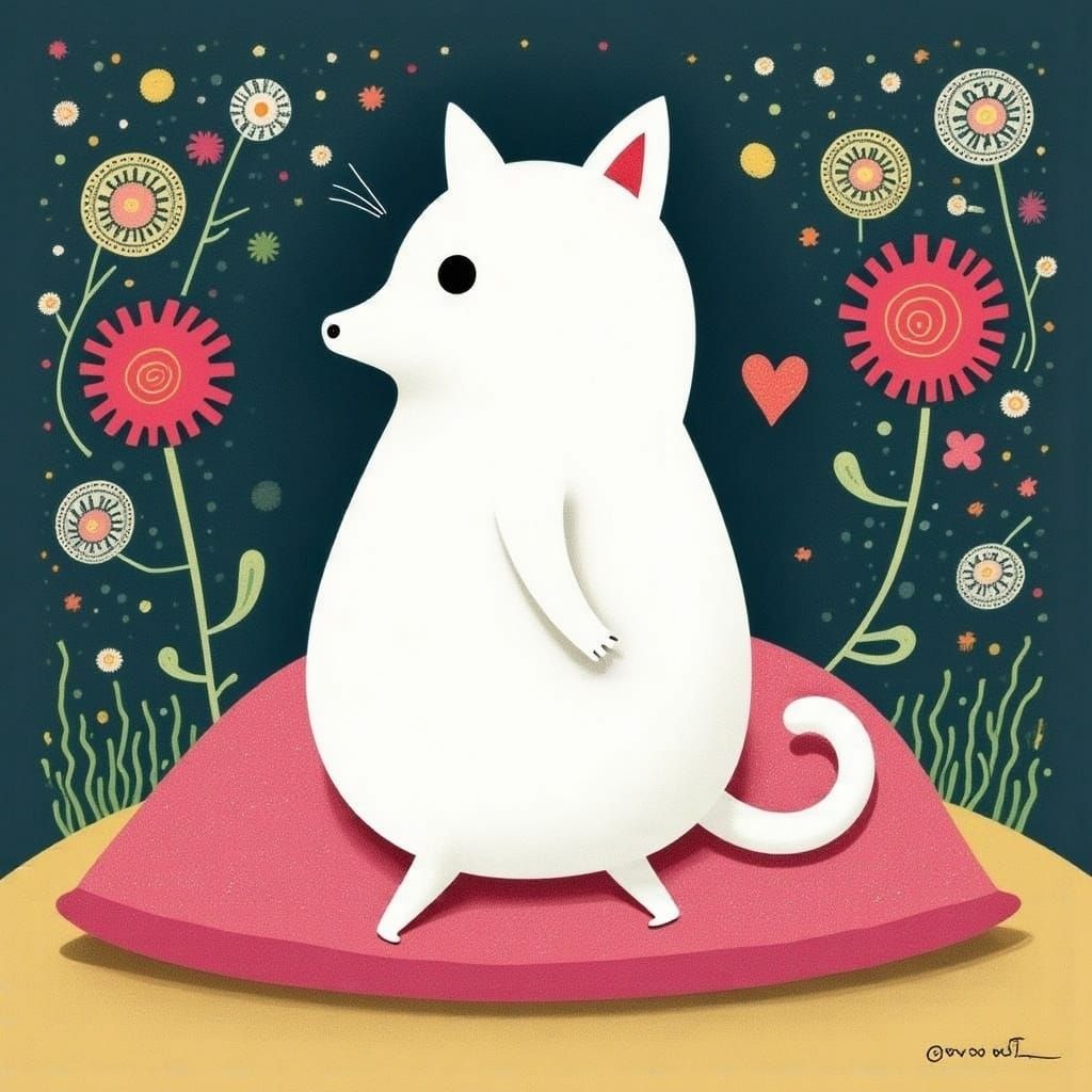 Cute Cat Surrounded by Flowers and Heart Lights