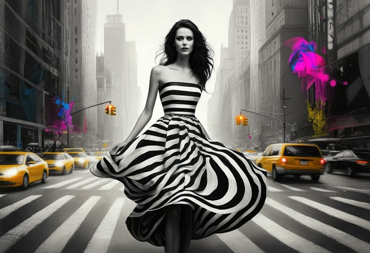 Woman in Striped Dress Glides Through Urban Chaos