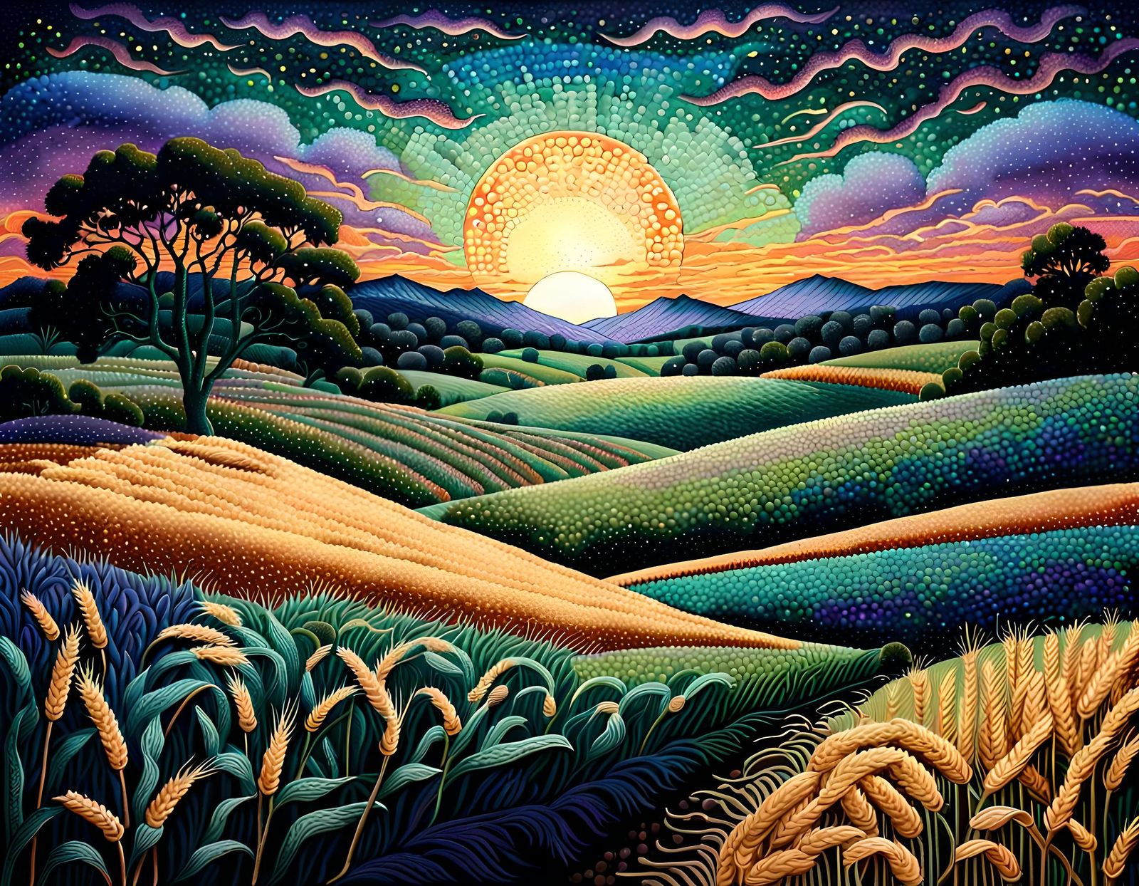 Vivid Twilight Wheat Field in Pointillism Style