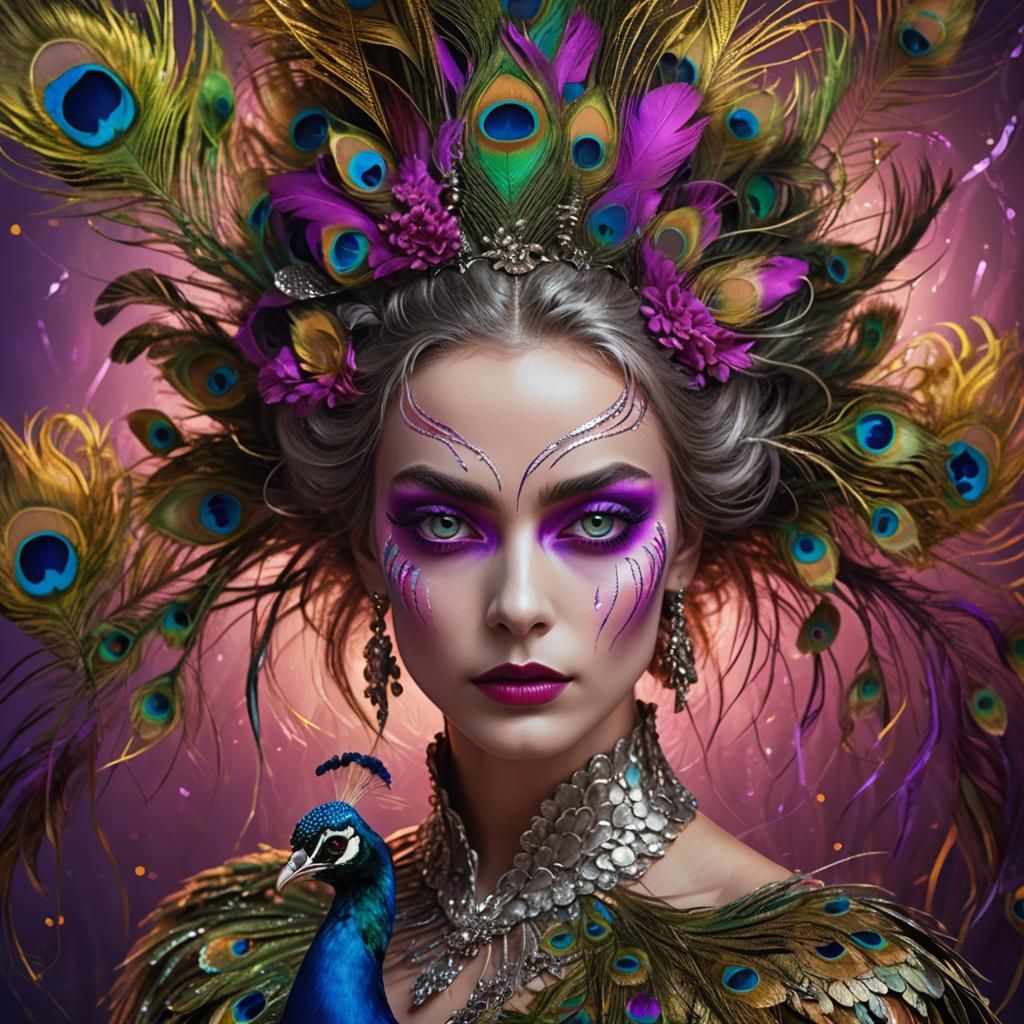Peacock Haired Woman: Digital Art Nouveau Portrait