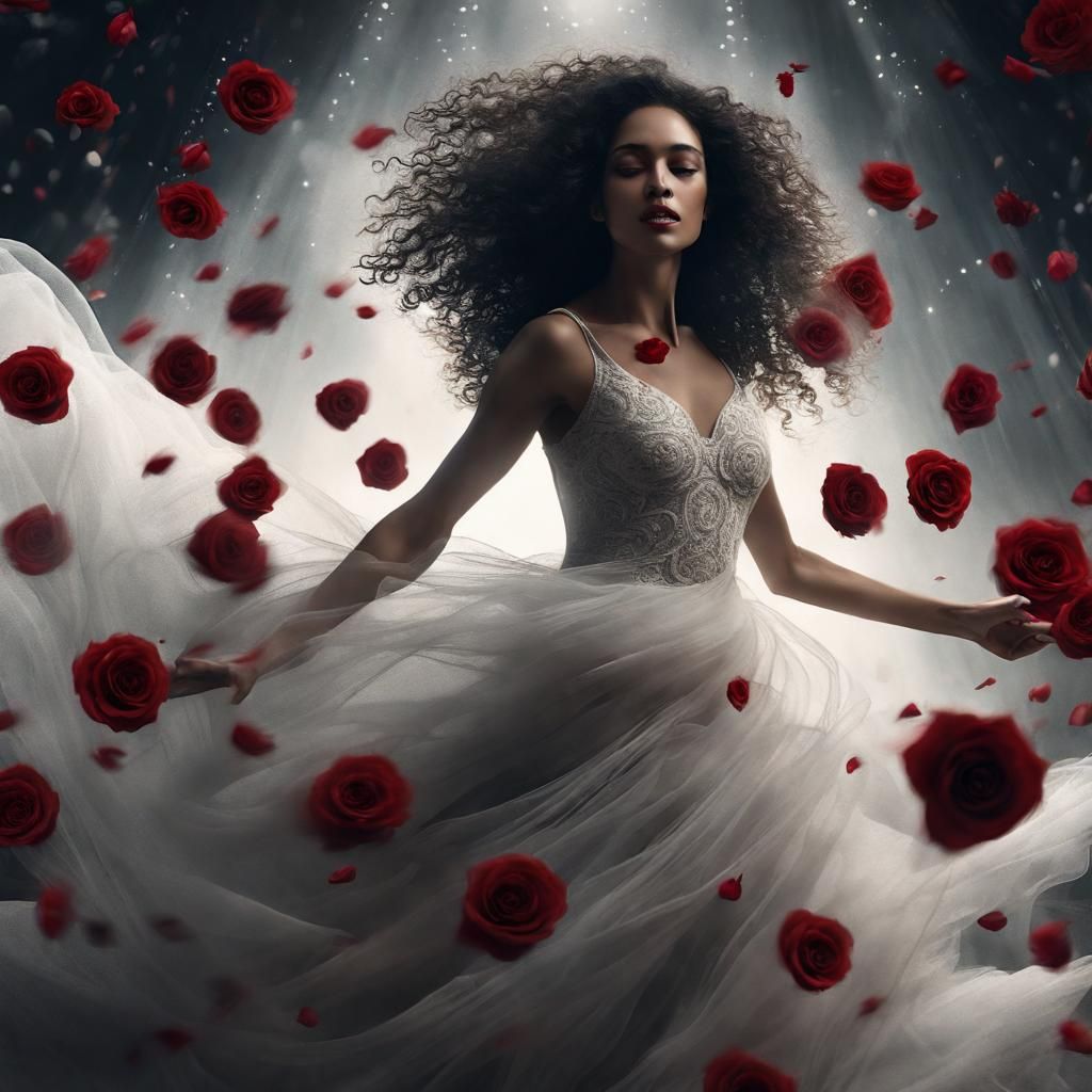 Woman Dancing in Roses on Black Background