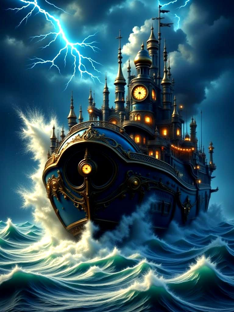 Steampunk Castle Ship in Bioluminescent Stormy Seas