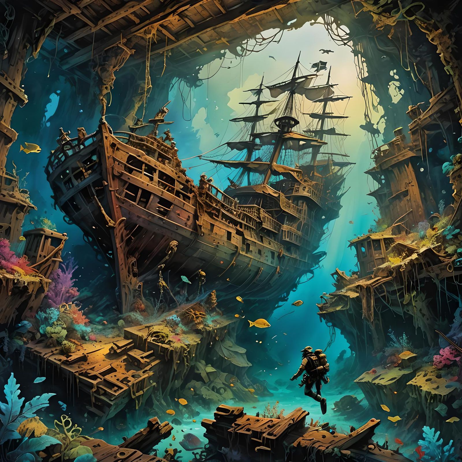 Divers Discover Sunken Pirate Shipwreck in Watercolor