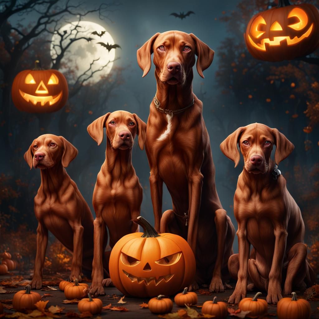 Vizsla Family's Halloween Celebration: Digital Art