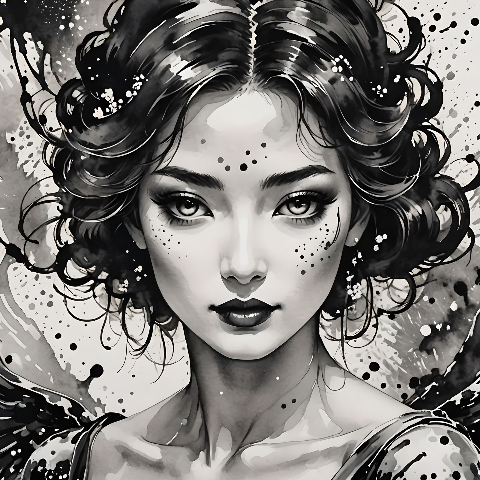 Elegant Angel in Sumi-e Style, Ink Art