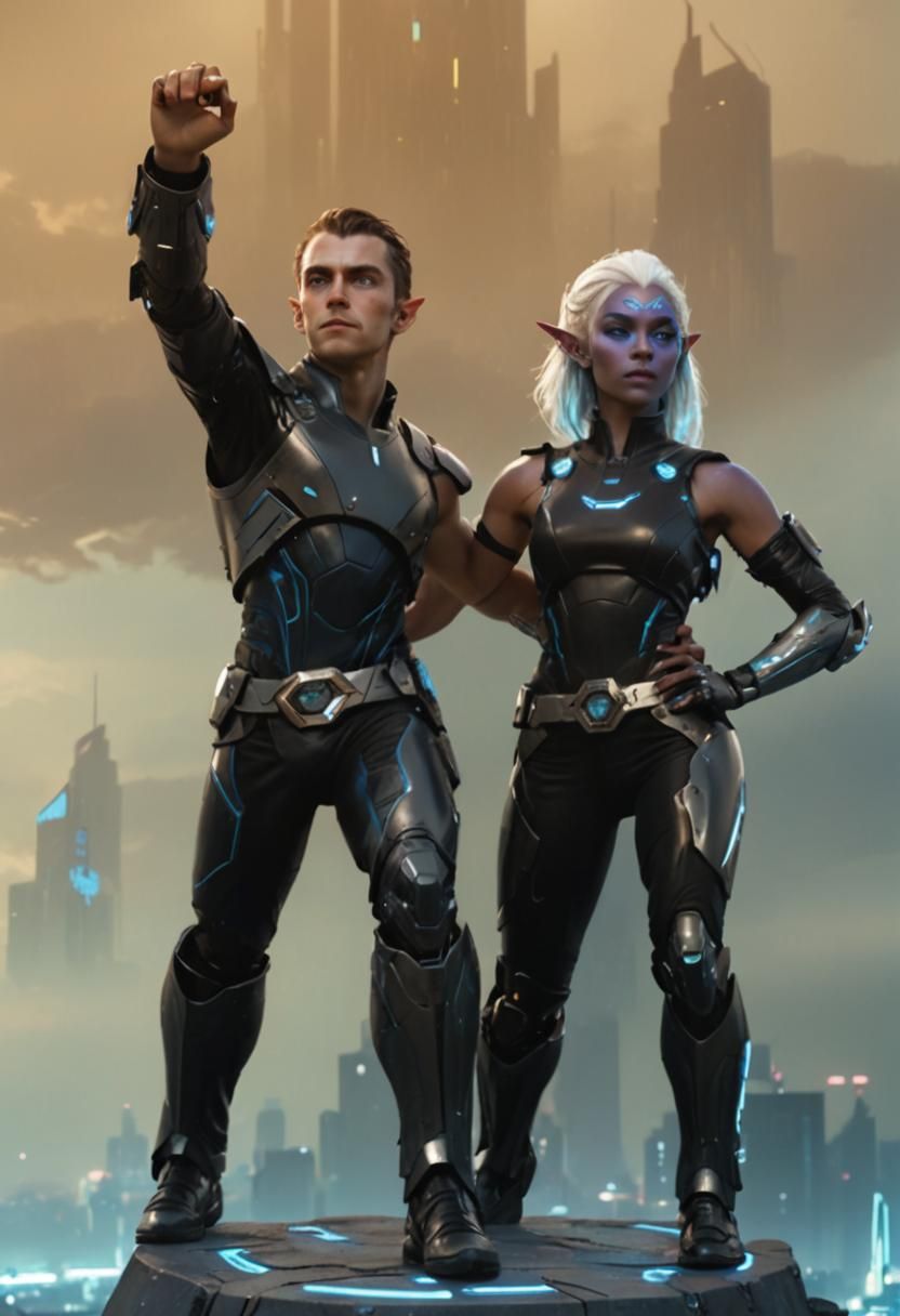 Victorious Elf and Drow in Cyberpunk Cityscape