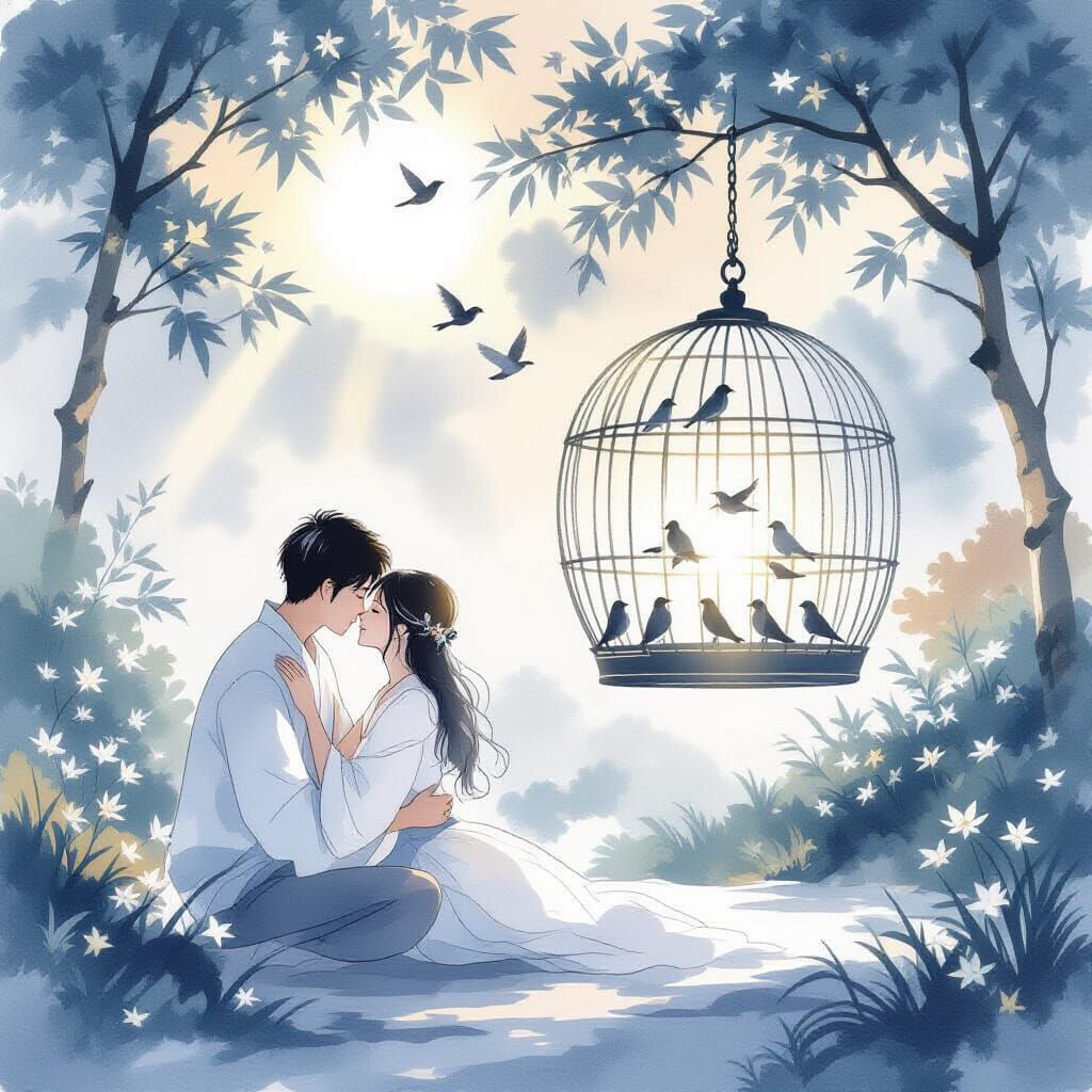 Serene Garden Embrace with Glowing Birdcage in Japanese Wate...