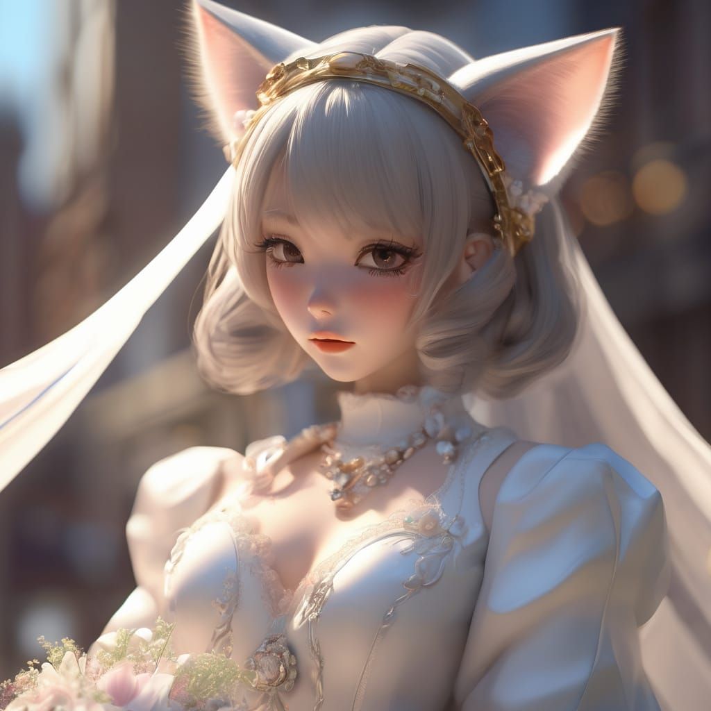 Anime Woman in Wedding Dress with Cat Features