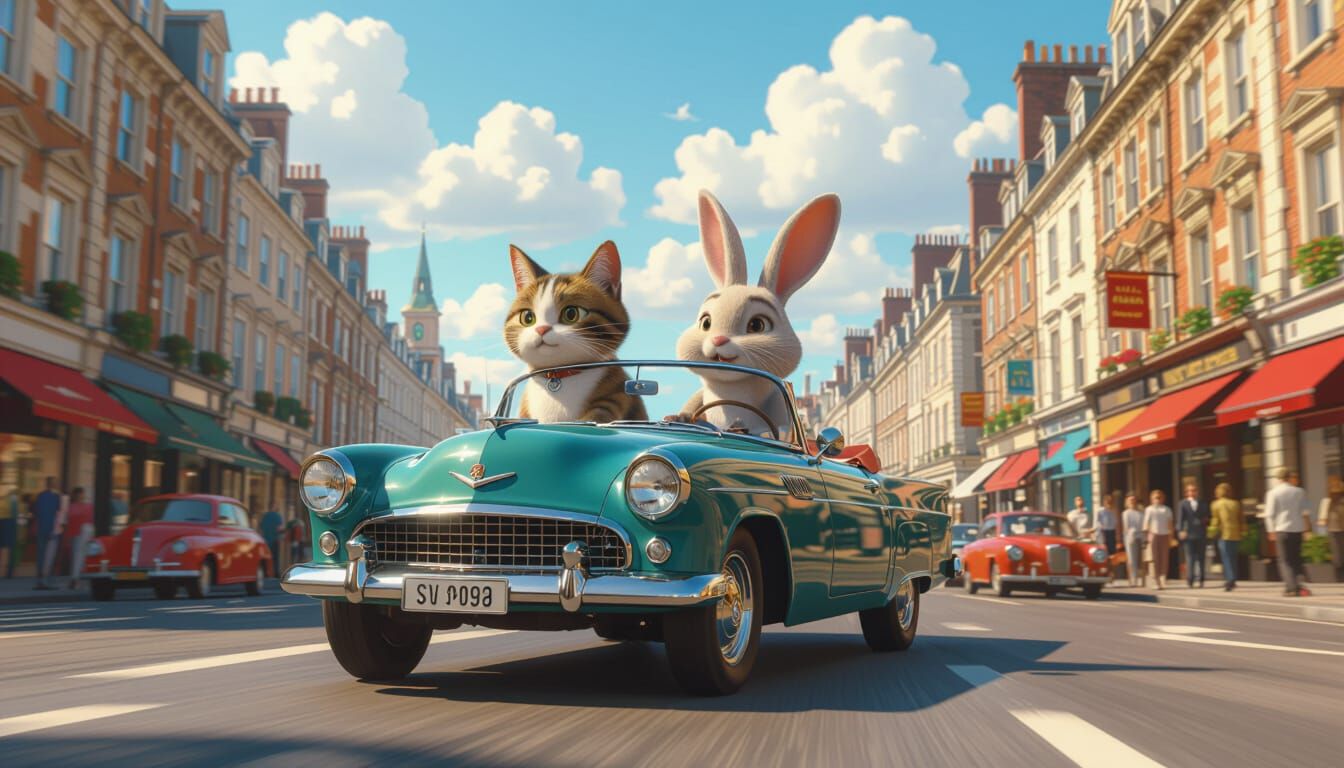 Whimsical Cat and Bunny Drive Through London Streets