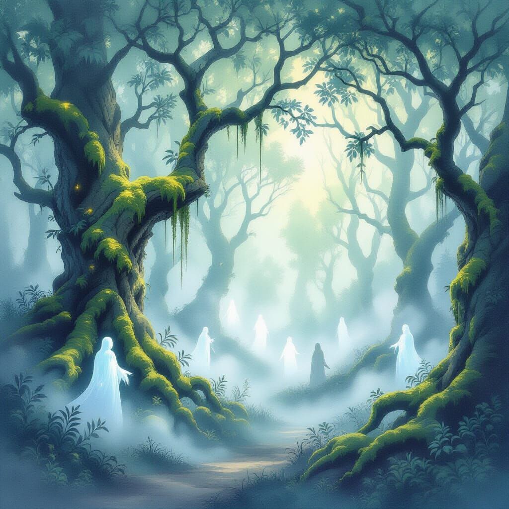 Ethereal Forest with Glowing Fog Shapes in Watercolor Style