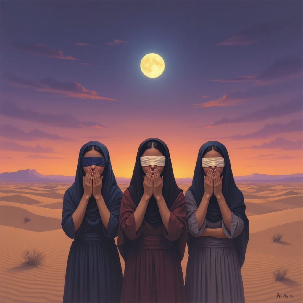 Three Figures in Desert Twilight, Surrealist Style