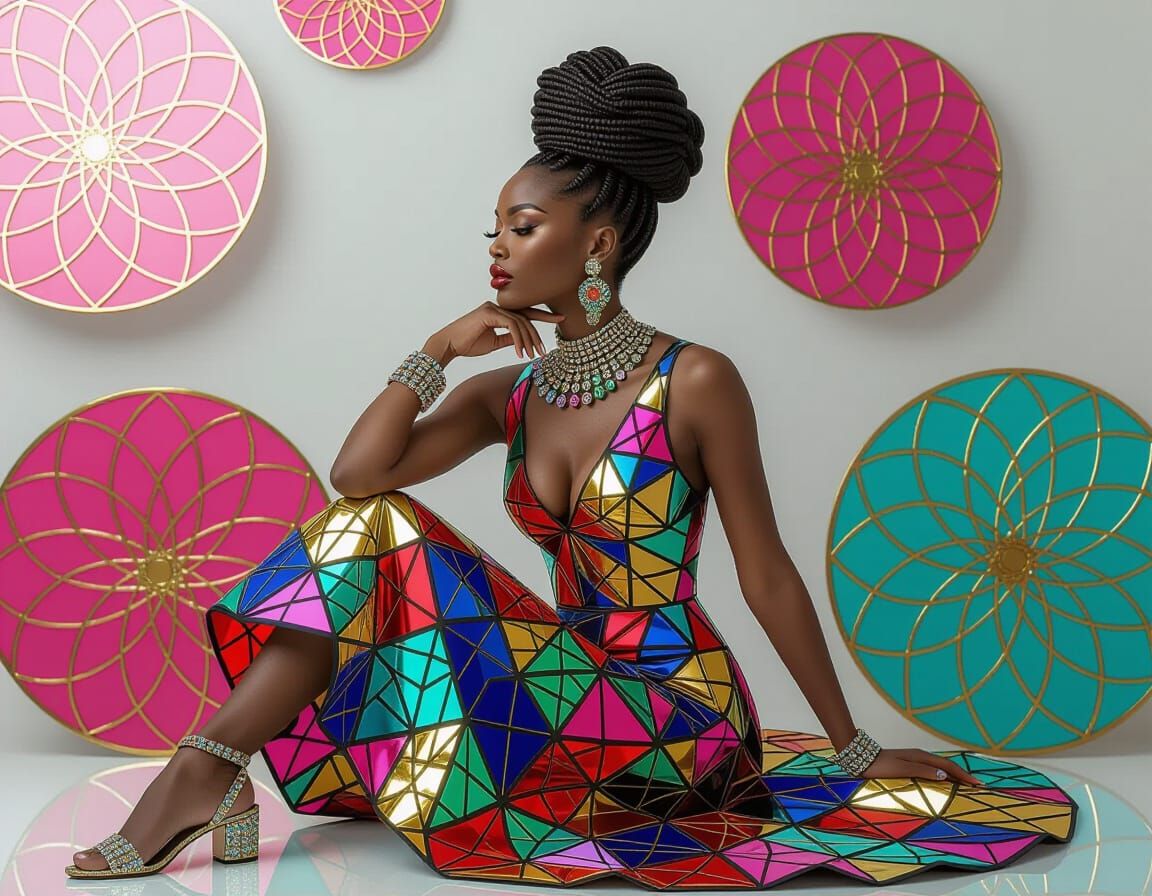 Elegant Woman in Stained Glass Dress with Braided Updo