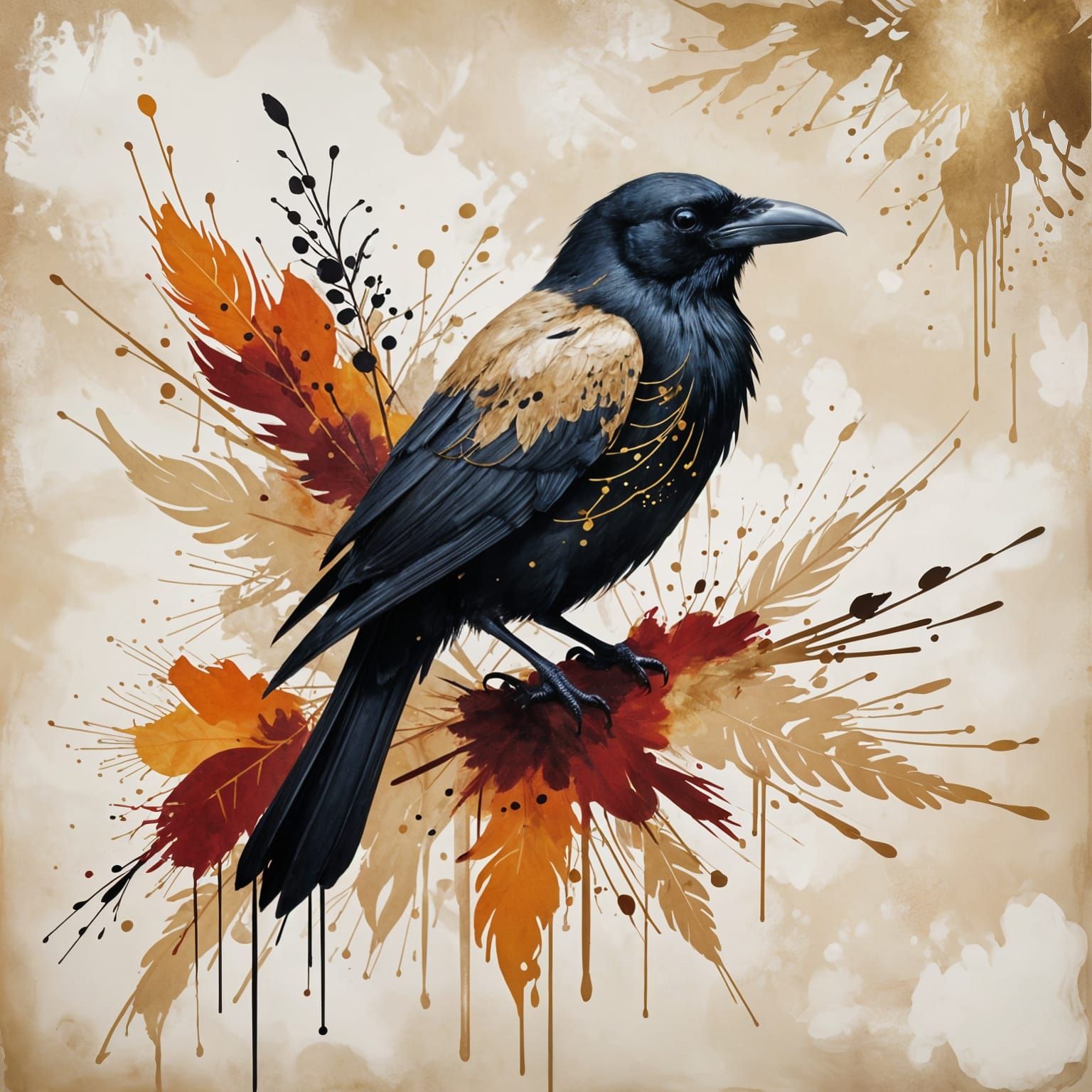 Elegant Raven Portrait with Red & Orange Accents