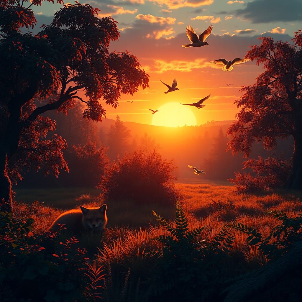 Golden Sunrise Landscape with Fox, Matte Painting Style