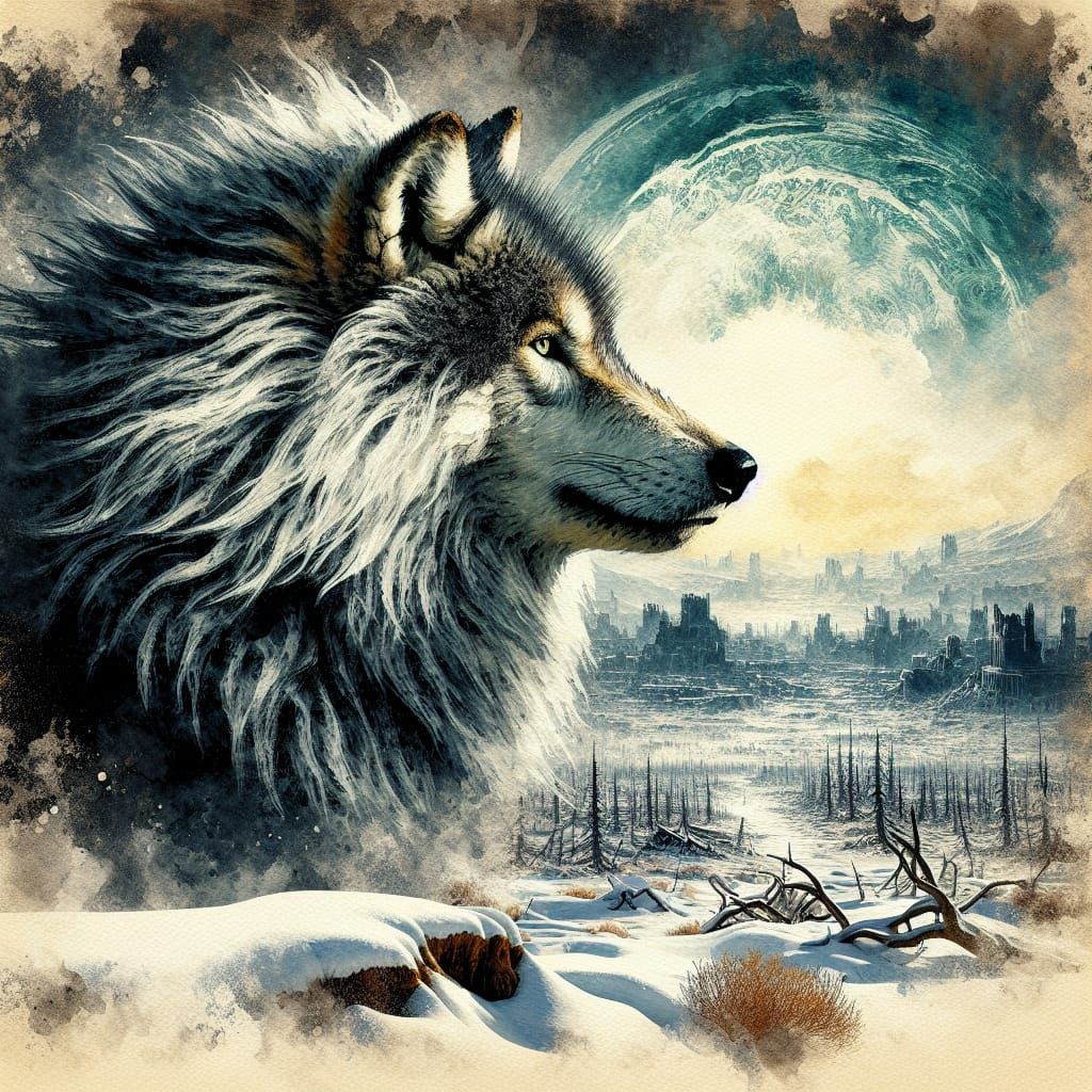Wolf in Apocalyptic Wasteland Watercolor Painting
