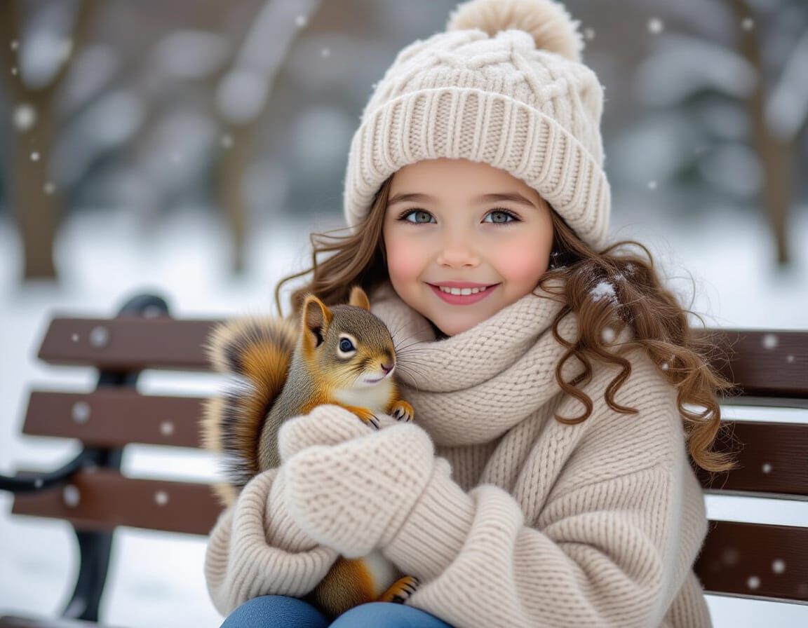 Girl with Squirrel in Snowy Park, Hyperrealistic Splash Art