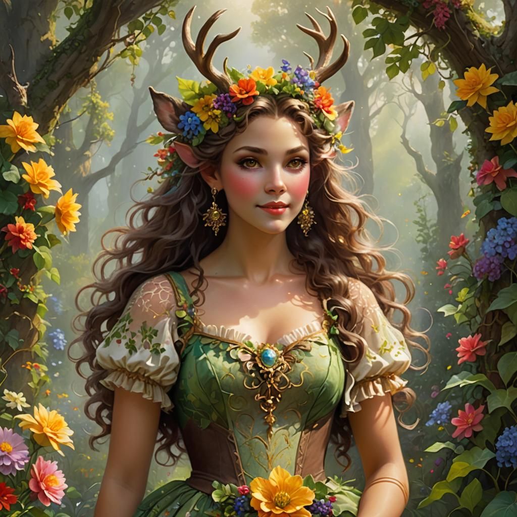 Ethereal Golden Satyr Surrounded by Flowers