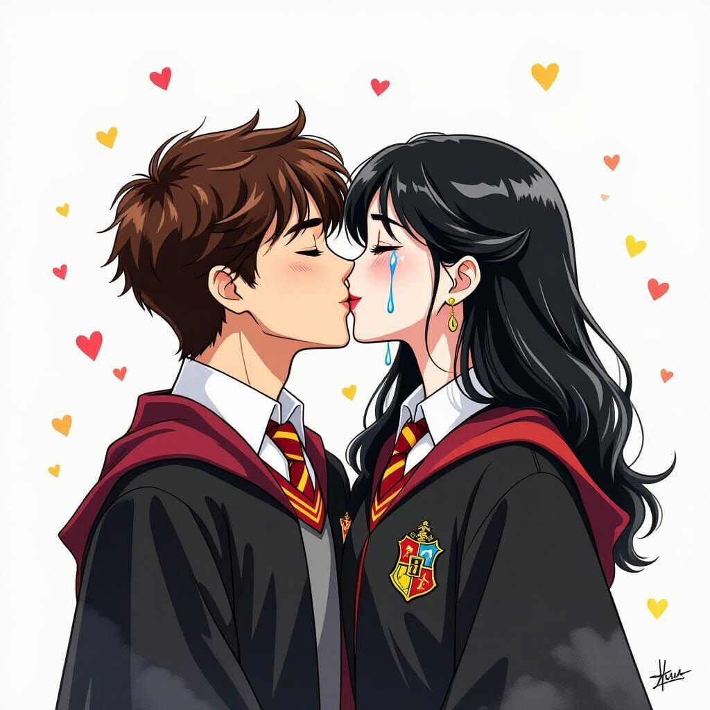 Emotional Farewell Kiss in Watercolor Style