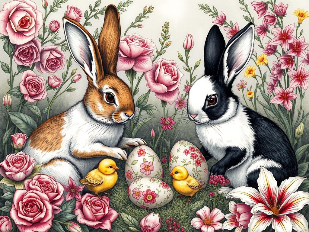 Whimsical Bunnies Painting Easter Eggs in Fairytale Landscap...