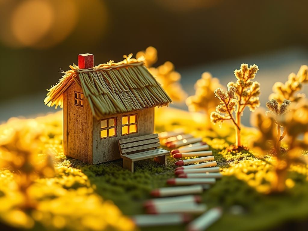 Miniature Matchstick Village in Golden Light