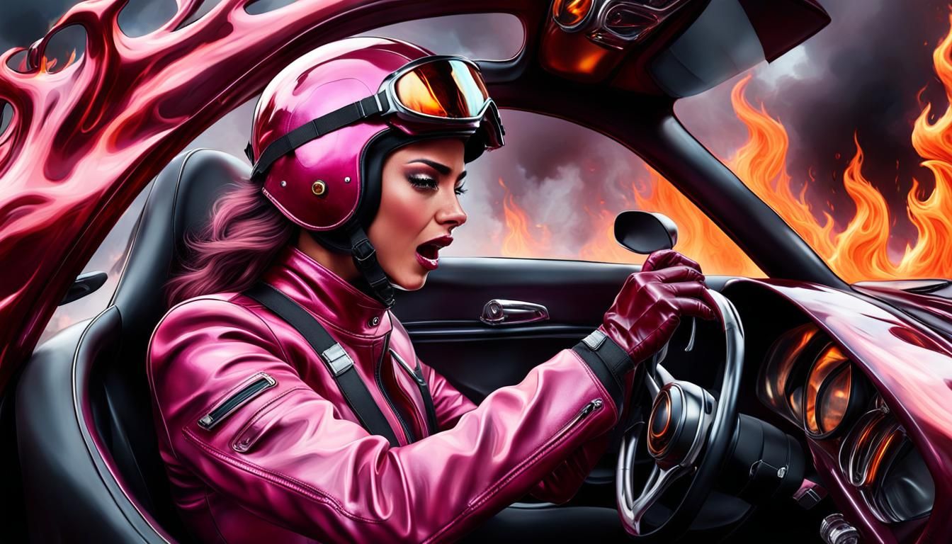Burning Fear: Hyperrealistic Girl in Flaming Race Car