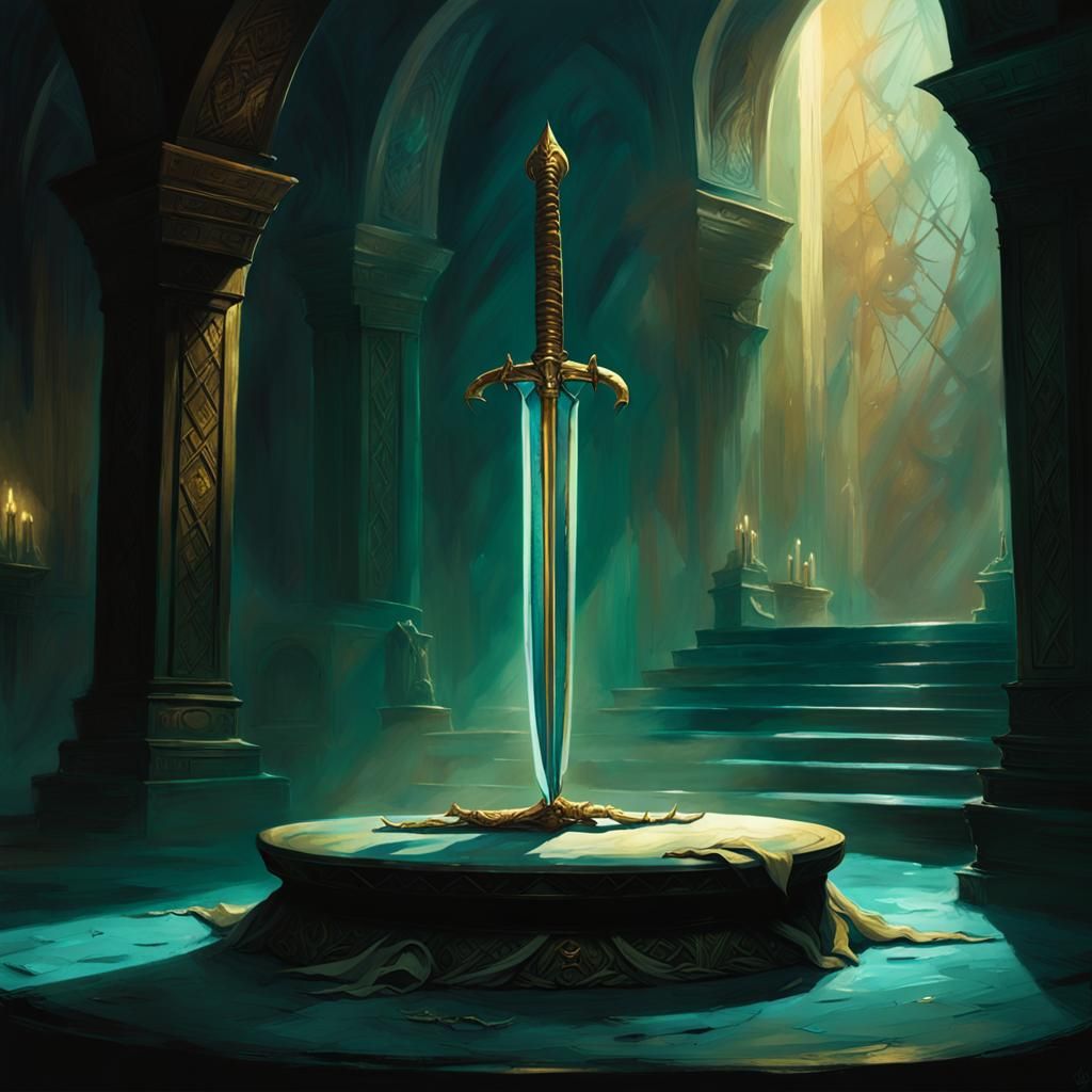 Curved Sword on Pedestal in a Mystical Chamber