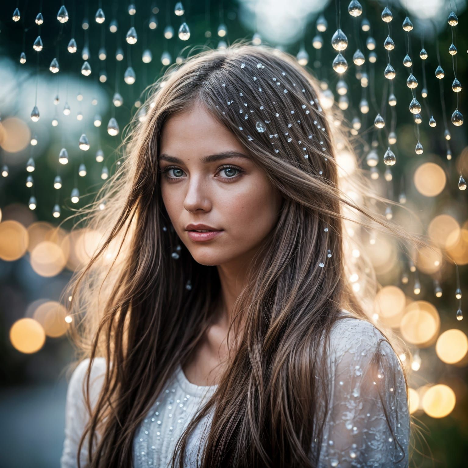 Glistening Dewdrops in Flowing Hair: Professional Photograph...