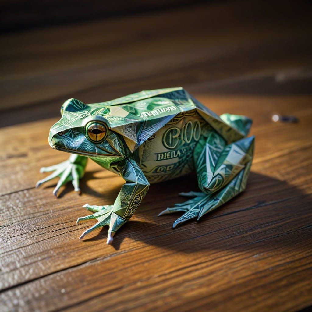 Origami Frog Made of Dollar Bills on Wooden Table