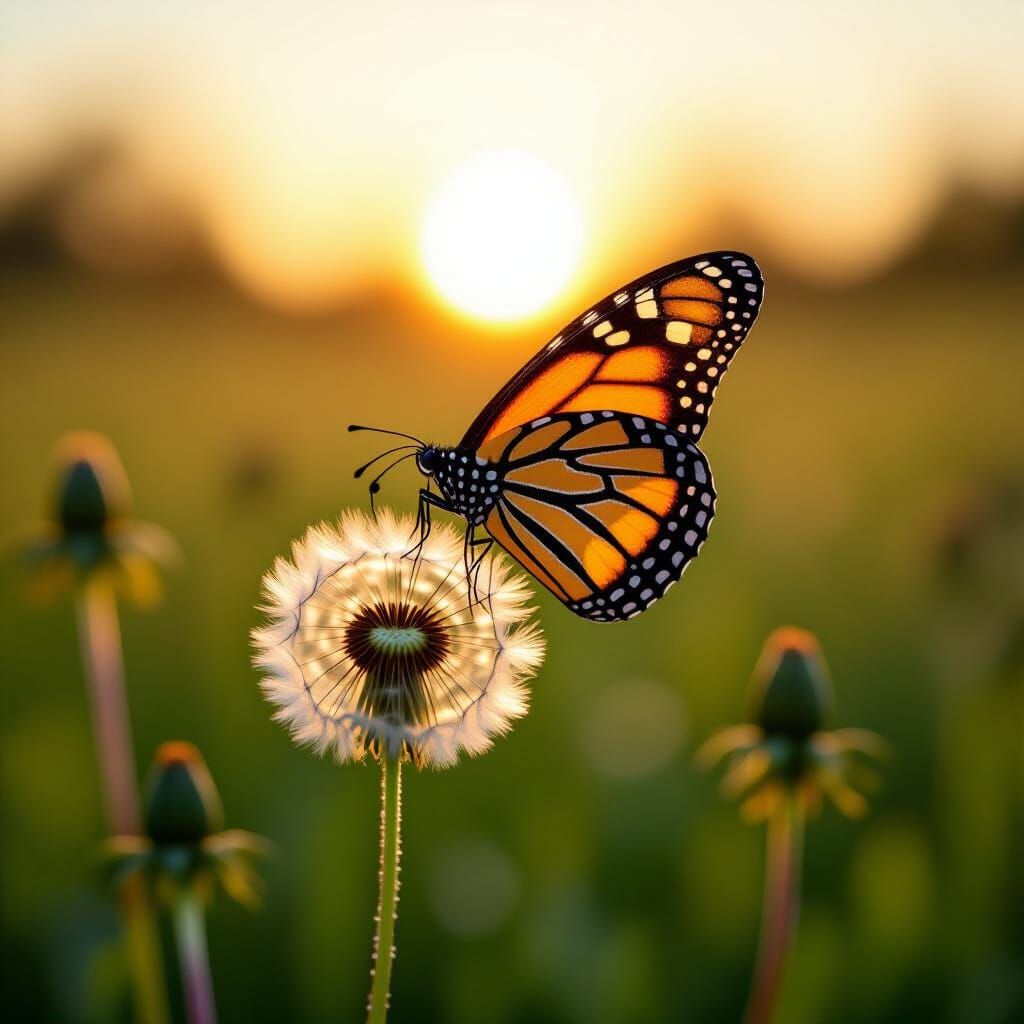 Monarch Butterfly on Dandelion Seed Puff at Golden Hour