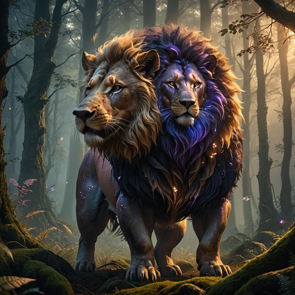 Pig-Lion Chimera in Misty Forest: Fantasy Art