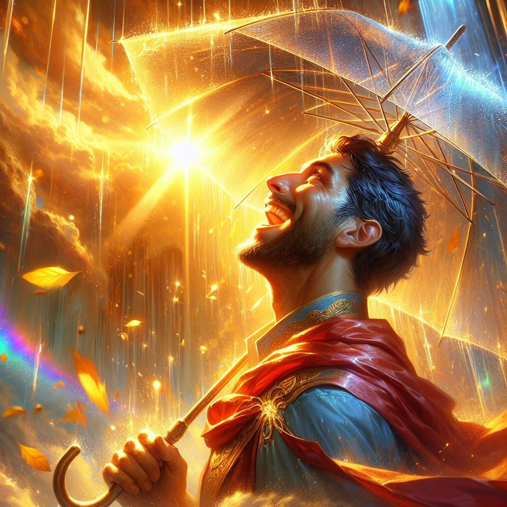 Golden Rain: Ecstatic Man in a Photorealistic Portrait