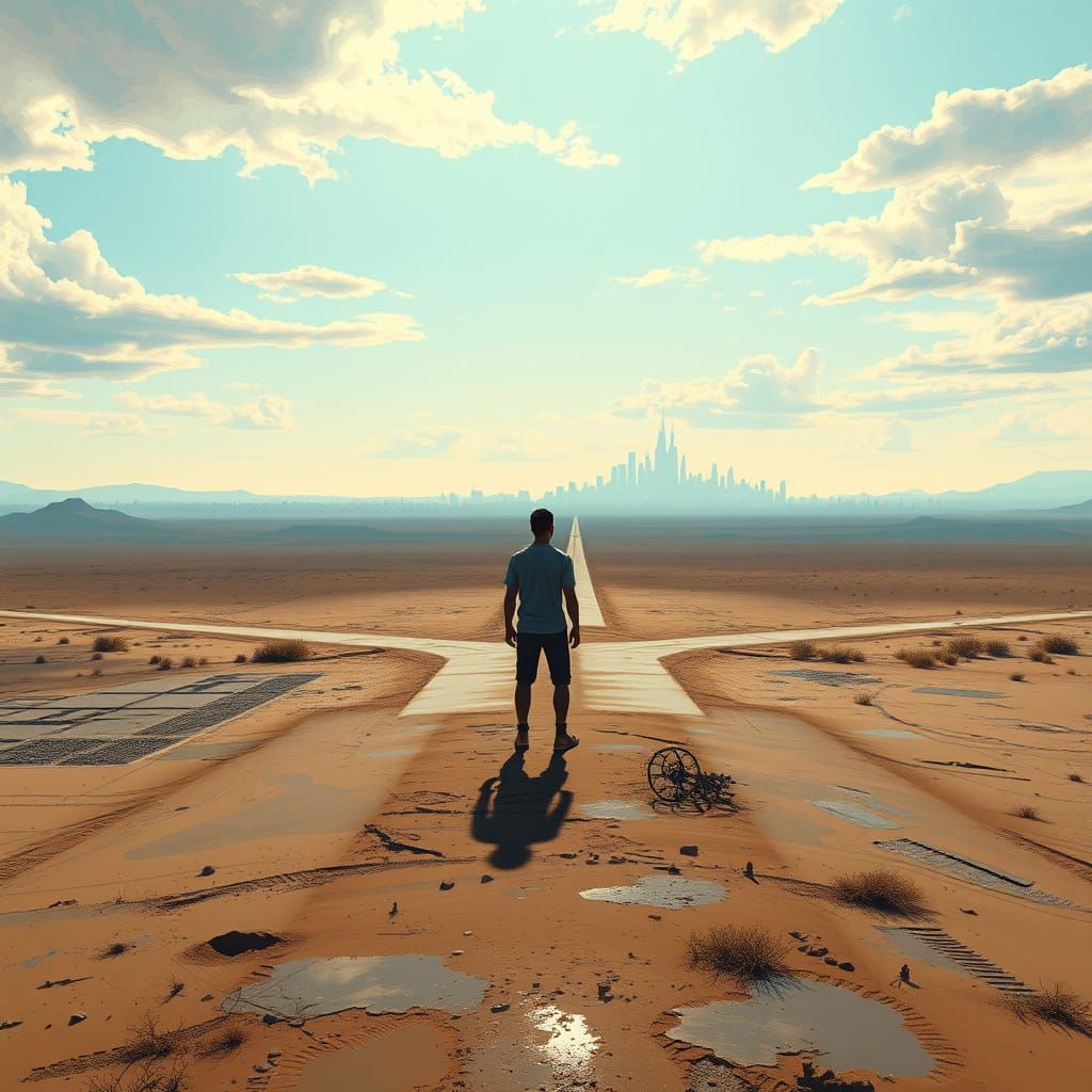 Surrealist Figure at Crossroads, Longing for a Distant City