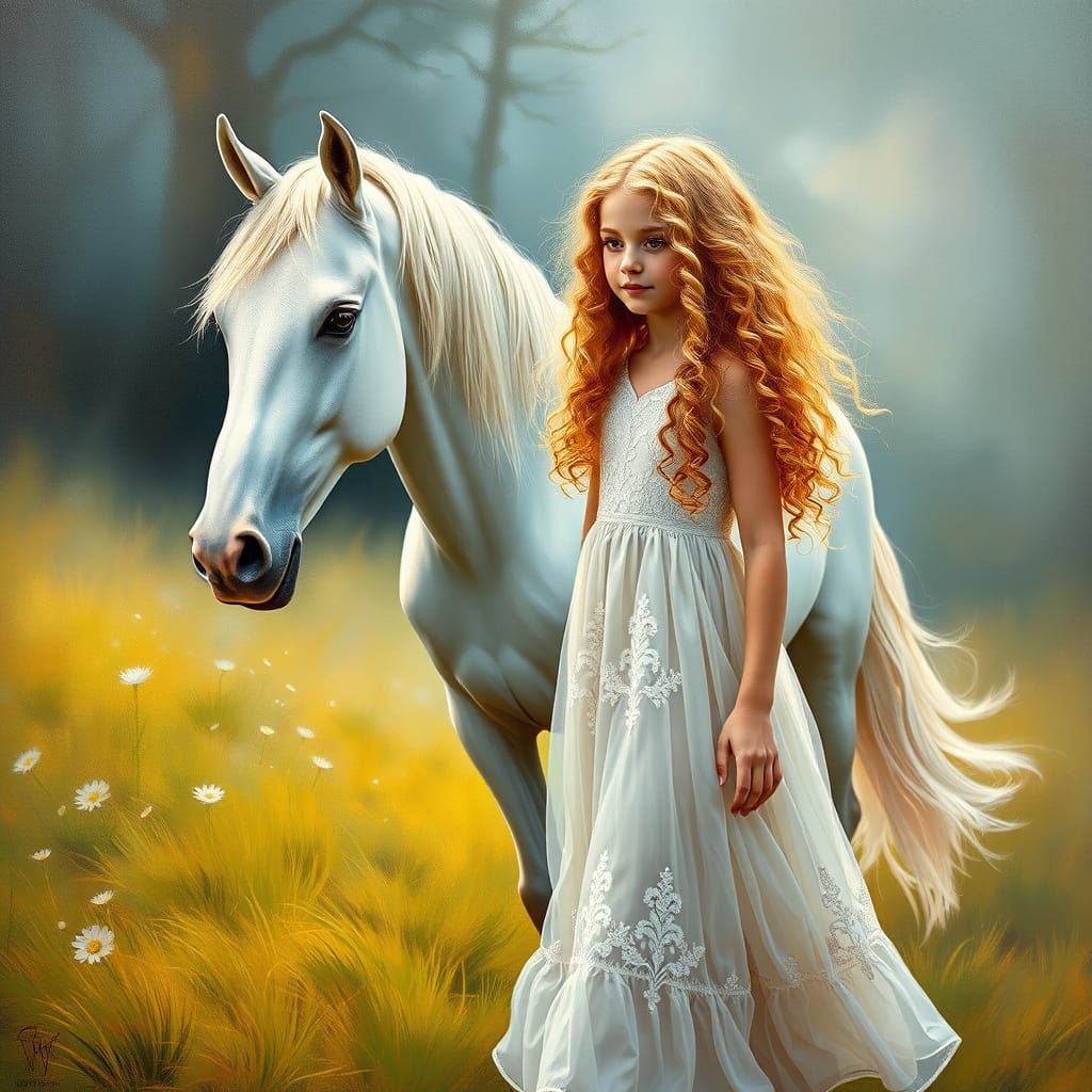 Enchanting Oil Painting of a Young Girl and Unicorn in Whims...