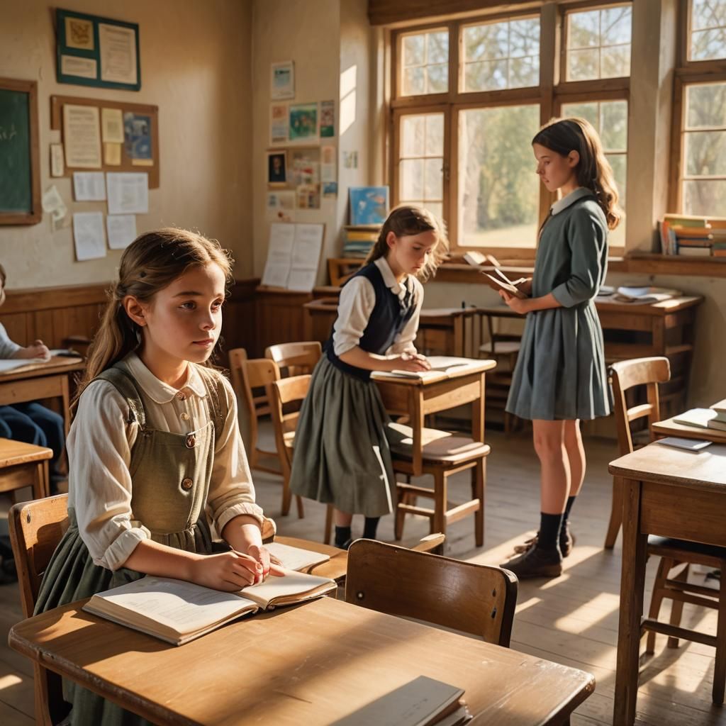 Impressionist Schoolroom Scene: Girl Greets Boy