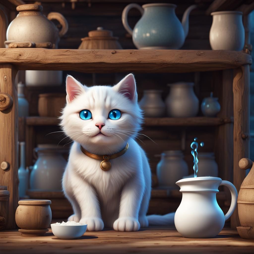 White Cat Drinking Milk: Detailed Matte Painting