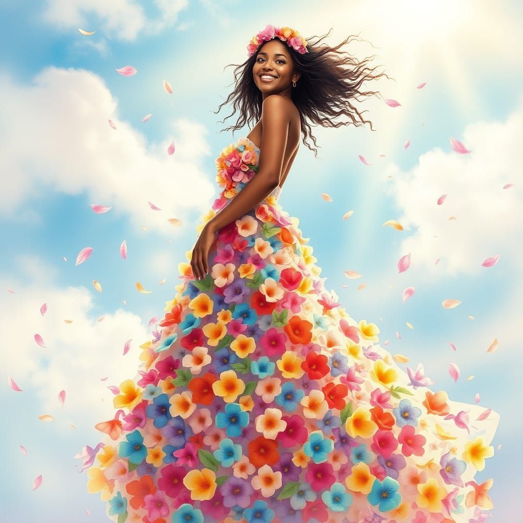 Radiant Caribbean Goddess in Whimsical Floral Gown