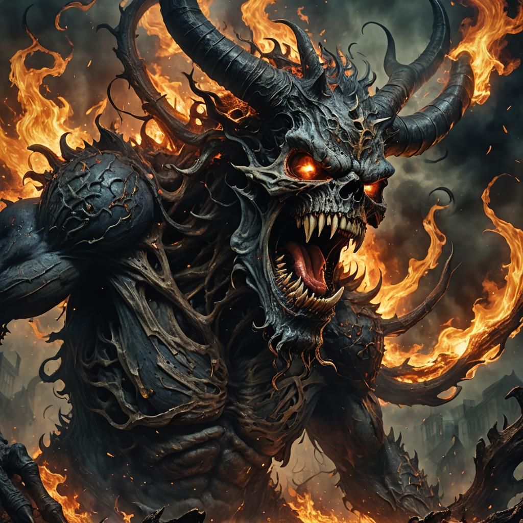 Hellish Monster Engulfed in Flames, Dark Fantasy Illustratio...