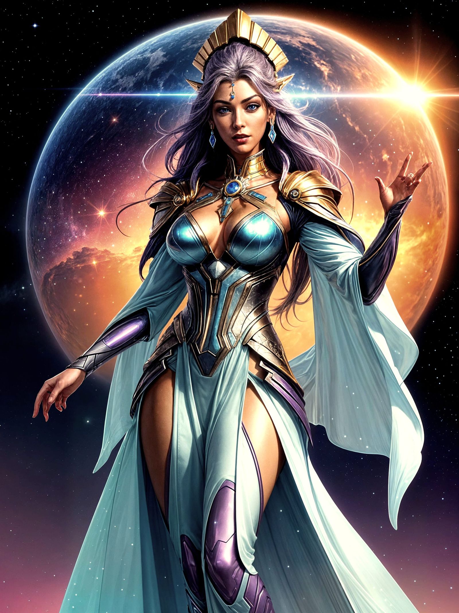 Sci-Fi Goddess on Crystalline Planet with Binary Sunset