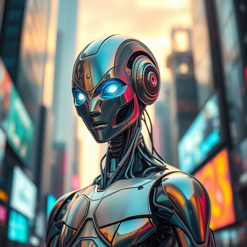Cyberpunk Robot in Neon Cityscape