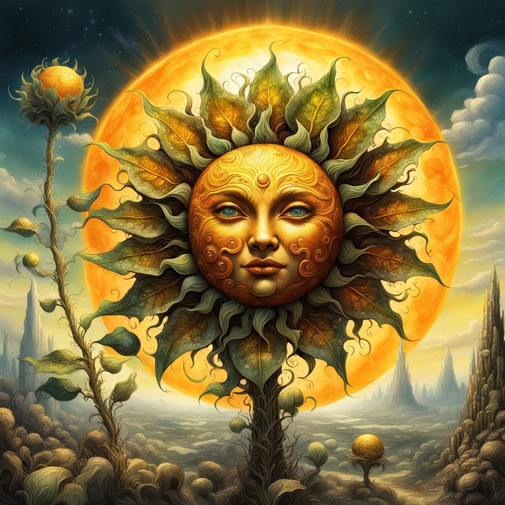 Fantastical Sun Plant Gaze: A Whimsical Oil Painting