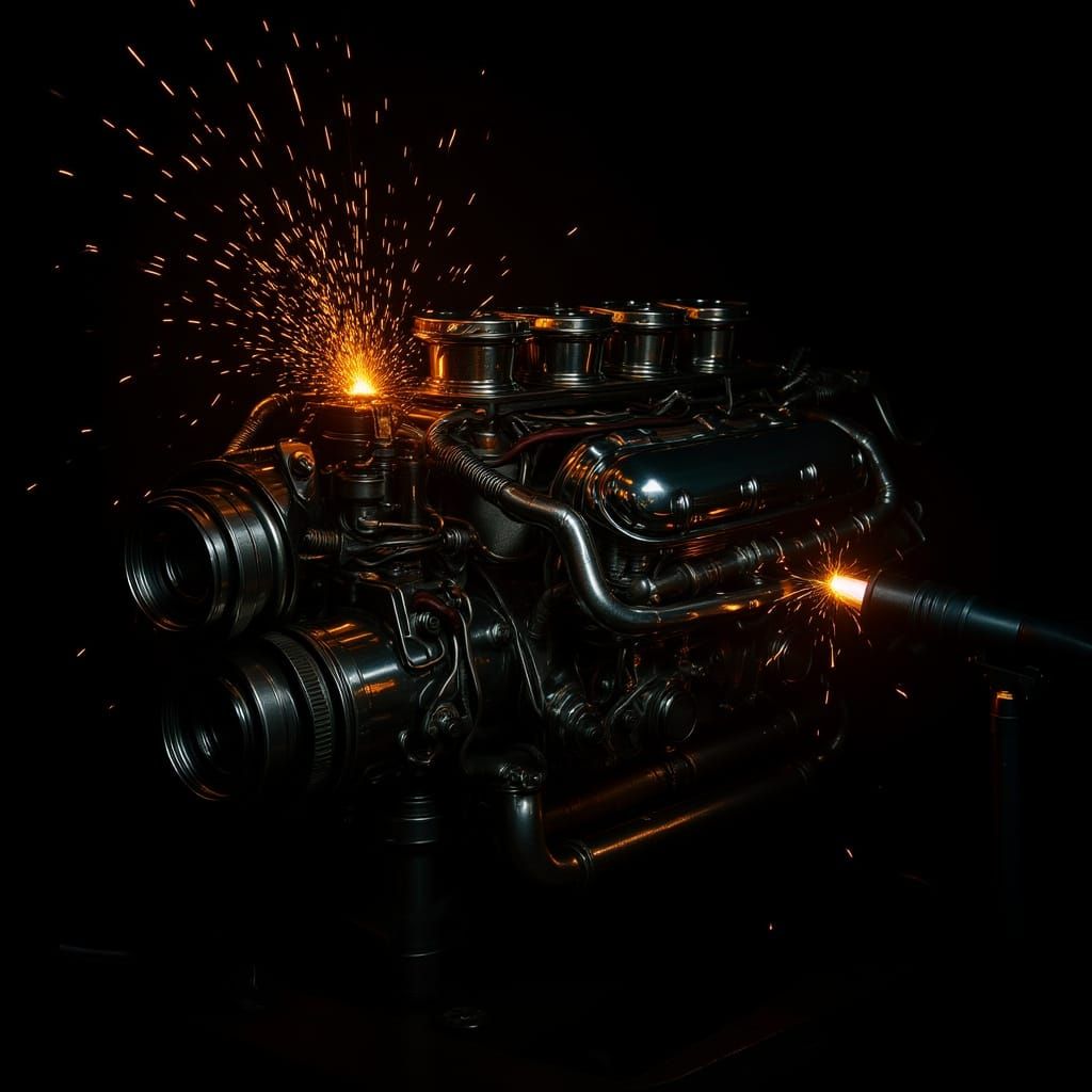 Detailed V8 Engine in Dim Workshop with Flying Sparks