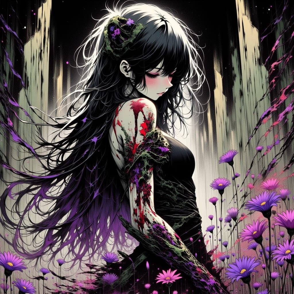 Exhausted Bio-Mecha Warrior in Dark Sci-Fi