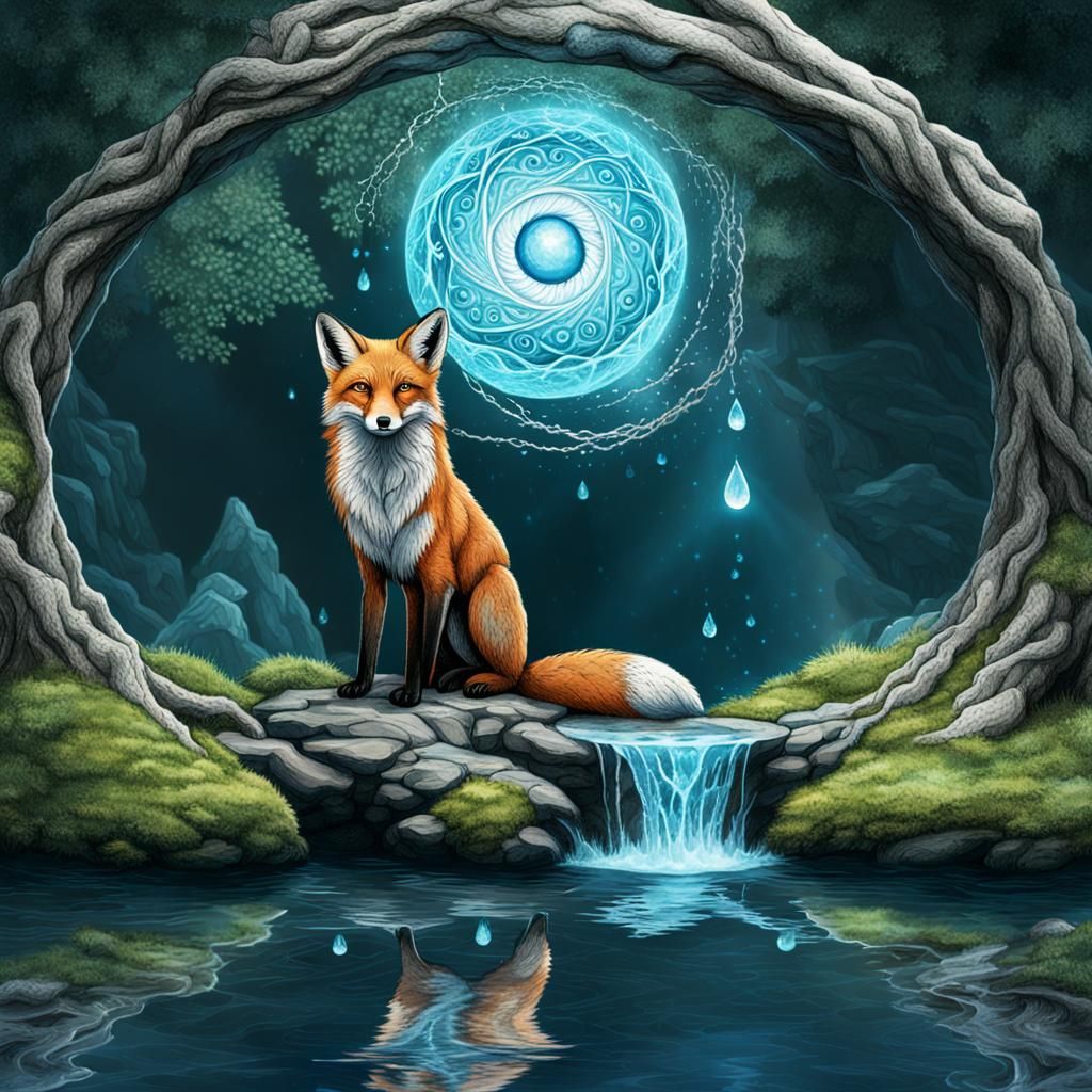 Mystical Fox at Mimir's Well Under Yggdrasil