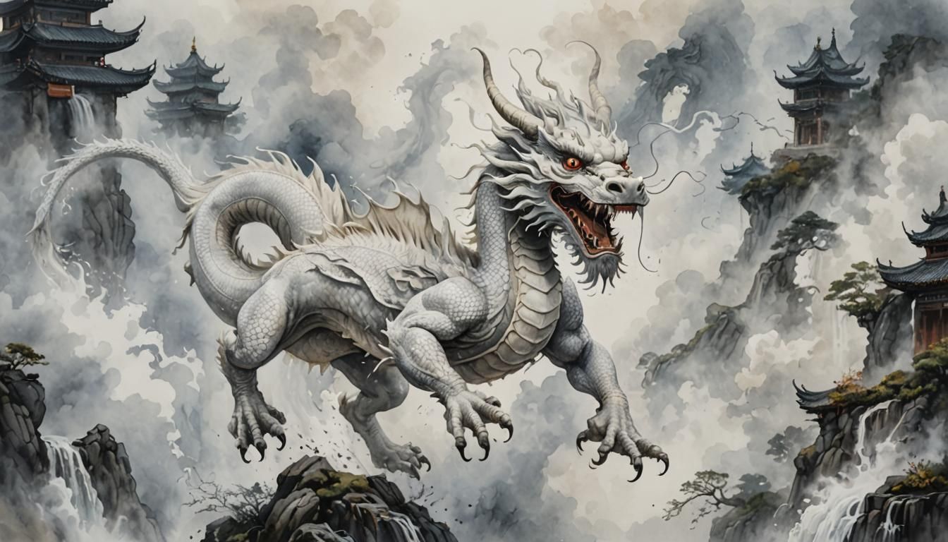 White Chinese Dragon Watercolor Art