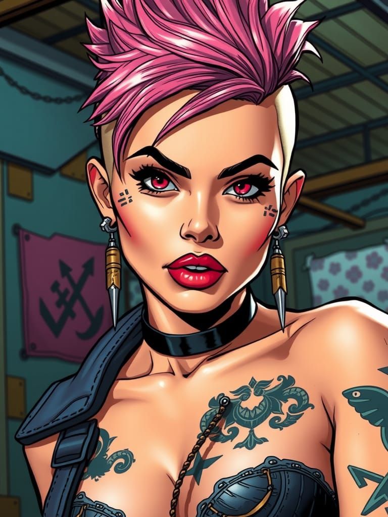 Punk Woman with Pink Mohawk in Comic Book Style