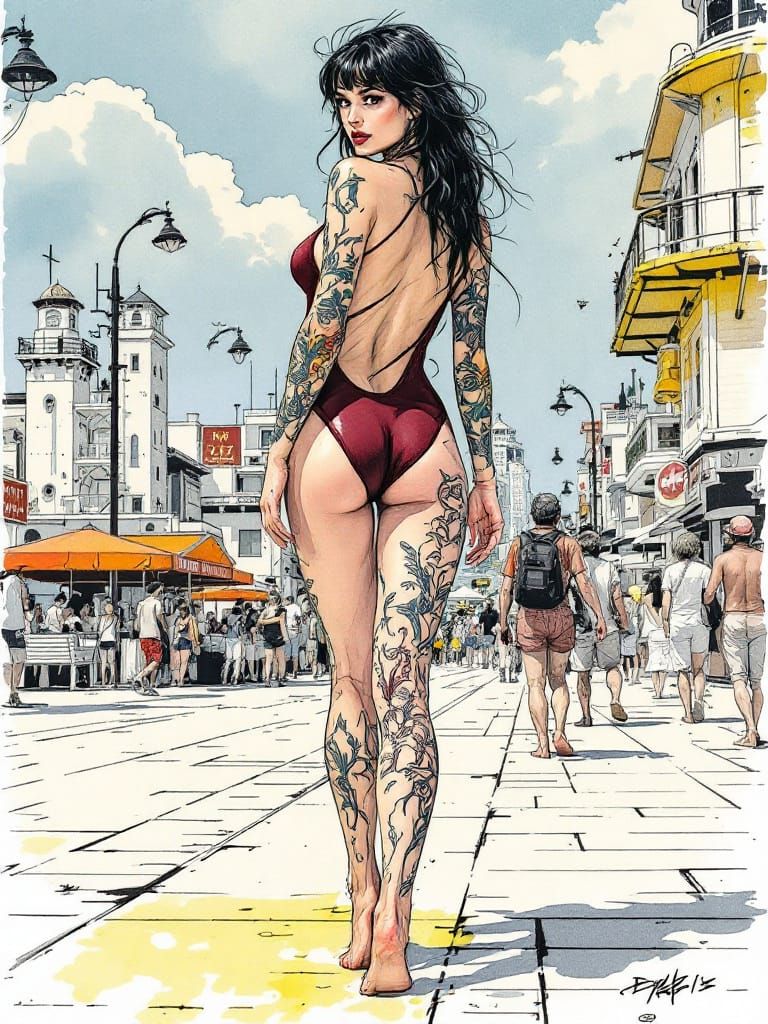 Pin-Up Woman on Boardwalk in Moebius & Pratt Style